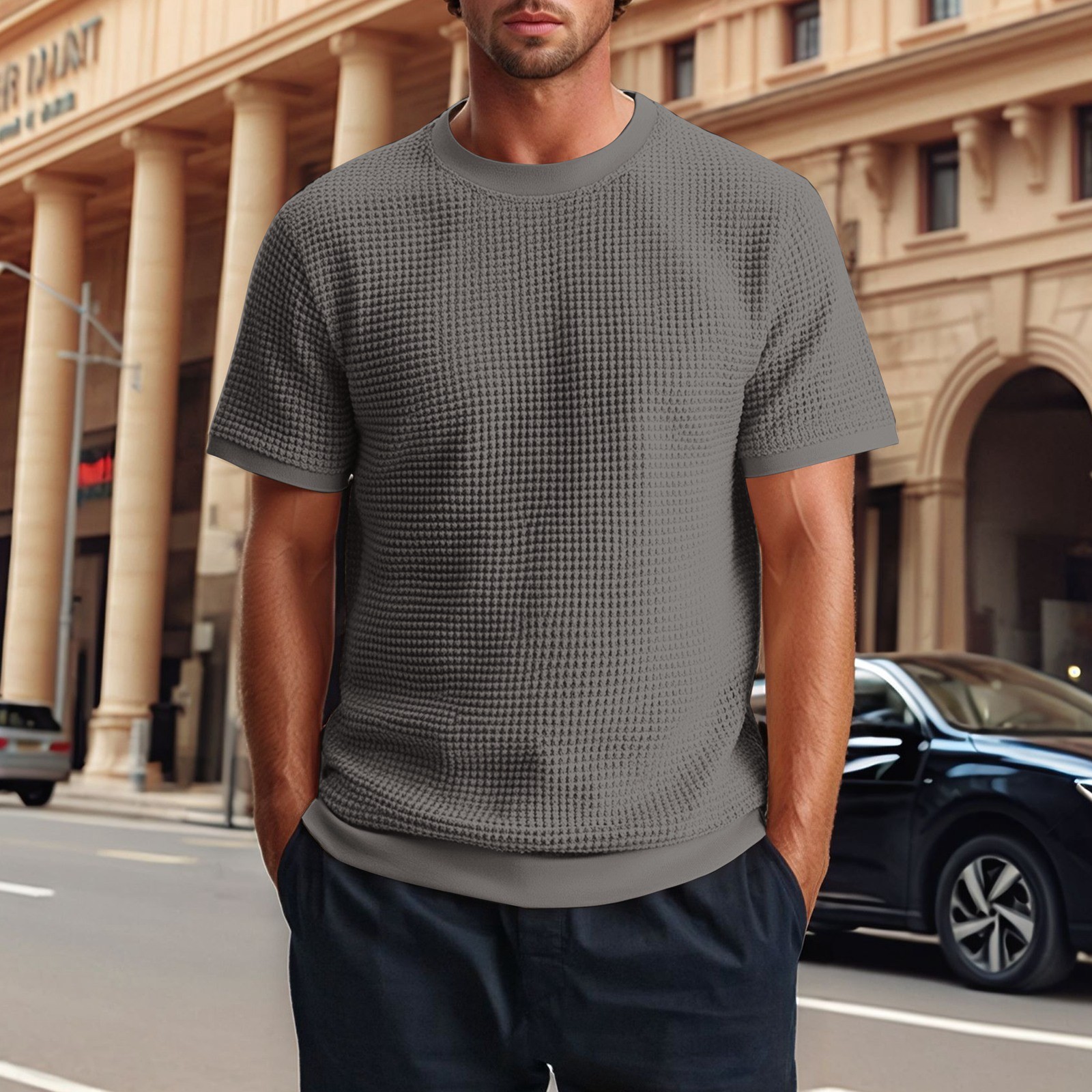 thumbnail image 3 of Camiseta de manga corta de punto para hombre - Color liso, diseño acanalado, deportiva informal - S-XXL, 3 of 6